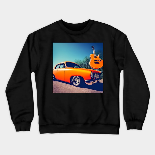 An Orange Guitar Suspended above An Orange Car Crewneck Sweatshirt by Musical Art By Andrew